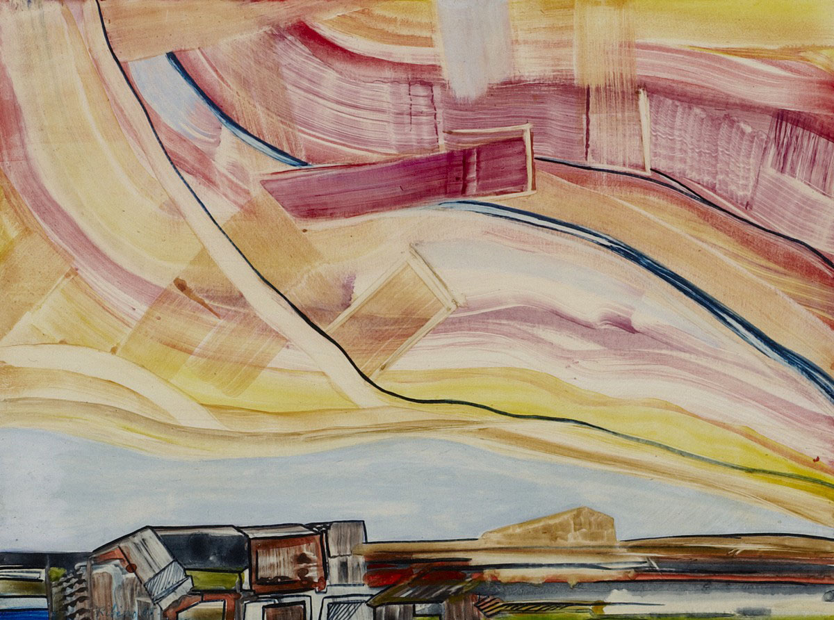Image of Ribeiro's Landscape with a Red Sky, a watercolour on card, c1985.